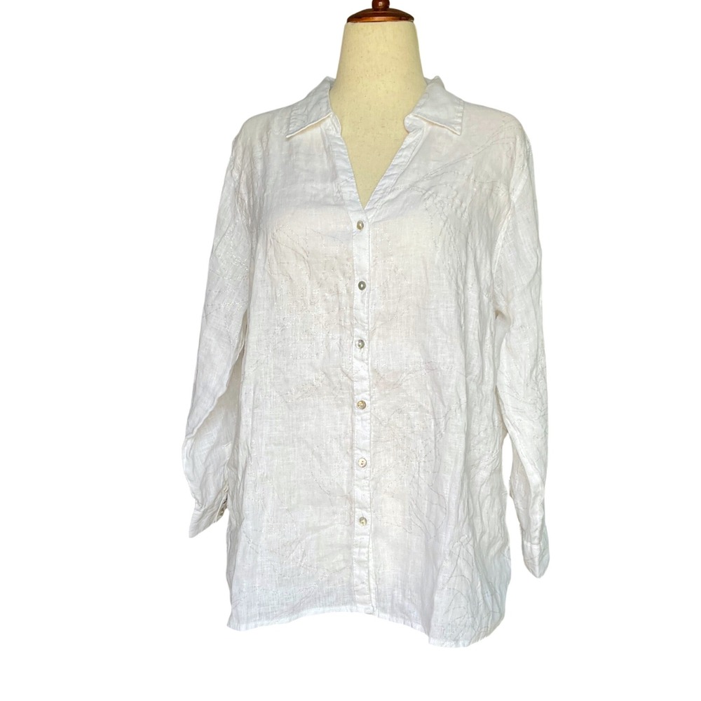 Calypso St Barth Linen Button Down Womens 1X Off White Metallic Embroidered Boho